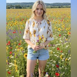 WILFRED ARITZIA Floral Lace Trim plissé Blouse - White and Yellow short sleeve S